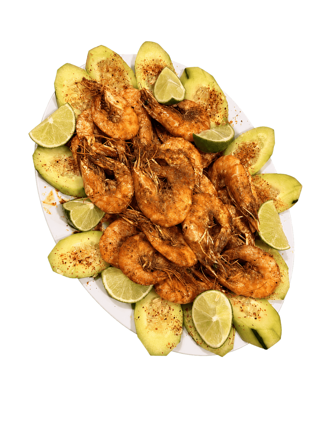 Plato de camarones con pepino, limón y chile